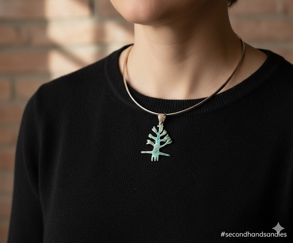 Vintage 950 Silver Turquoise Coral Tree of Life Pendant Mexian Modernist